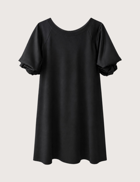 Robe Courte Trapèze Manches Ballon Satin Noir